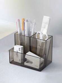 1pc Clear Acrylic Three-Compartment Pen Holder Simple & Elegant Desktop Organizer Multi-Functional Student Storage Box For Office Back To School - Black - View 6