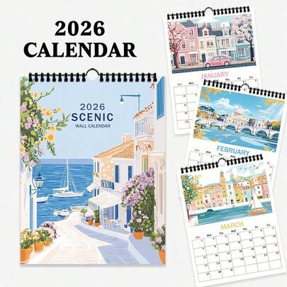 1pc 2026 Wall Calendar, Travel Calendar, Scenic City Landscape, 12 Different Elegant Patterns, 2026 Monthly Planner, Perfect Gift For Birthday, Christmas, New Year, Includes US Standard Version