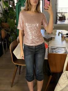 Women's Sequin Tops Sparkly Shirt Glitter Short Sleeve Tee Round Neck Velvet Tunic Party Disco Clubwear Blouse - Màu Hồng baby - Xem 5
