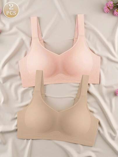 2pcs/Set Minimalist Comfortable Sports Bras For Women, Wireless, Solid Color
