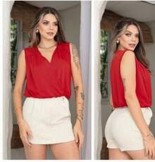 Cropped Women's Blouse Fluist Polyamide Fabric Tank Top Simple Knitted Fabric V-Neck Piece Crossed Casual Holiday Daily Bachelorette Party Travel Summer - 紅色 - 查看 3