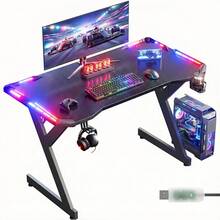 HLONONE Gaming Tisch mit LED, Gaming Schreibtisch , Stabiler Computertisch mit Kohlefaserbeschichtung, Gamer Tisch mit Getränkehalter und Kopfhörerhaken, Schwarz - Schwarz - Übersicht 2