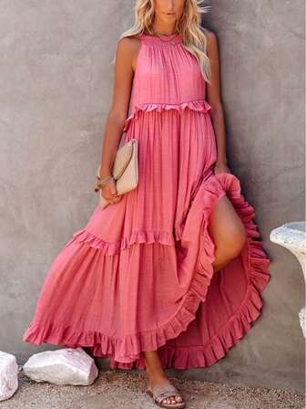 Women's Long Summer Dress, Casual Halter Neck Tie Waist Dress With Layered Ruffle Hem, Loose Fit Flowy Design For Beach Vacation, Elegant Holiday Outfit