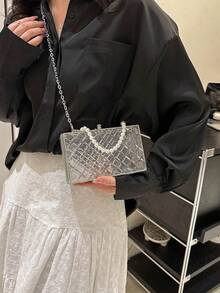 透明亚克力盒包珍珠手柄装饰女士单肩包透明女士钱包金链钱包手拿包斜挎手机包女士零钱包 - 無色 - 查看 4