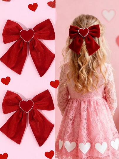 1 pieza Lazos de pelo con colas largas para el Día de San Valentín, Clips de pelo con decoración de corazón de terciopelo para niñas, Accesorios de moda para el cabello con pinzas de caimán como regalo para fiestas de niñas