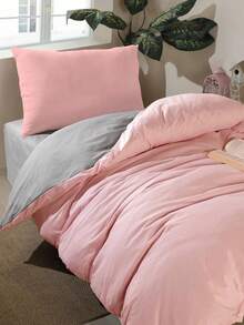 Made In Turkey-2-Piece Set With Geometric Pattern, 65% Cotton 35% Polyester, Suitable For All Seasons, Duvet Cover With Button Closure. 1 Duvet Cover (140x200cm) And 1 Pillowcase (50x70cm). Highly Breathable, Soft And Lightweight. Pillowcase Pattern Is Randomly Generated. -Artus Gri - Baby Pink - View 2