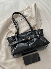 1 szt. Torba typu tote o dużej pojemności w stylu vintage, duża torba pod pachę do pracy, modna czarna torebka motocyklowa, solidna woskowana skóra PU, ozdobny pasek, zapięcie na zamek błyskawiczny, bordowa, damska torba na ramię do pracy, szkoły, na krótką wycieczkę, wakacje, prezent, Walentynki, urodziny, zakupy, do pracy, idealna do codziennego użytku - Czarne - Zobacz 4