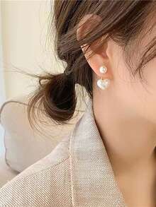 2只简约心形珍珠耳钉，优雅白色耳环，适合日常佩戴 - 乳白色 - 查看 5