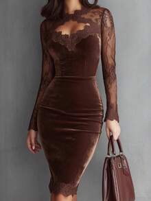 Womens Long Sleeve Sheer Lace Cutout Neck Velvet Bodycon Mini Dress - 咖啡 - 查看 1