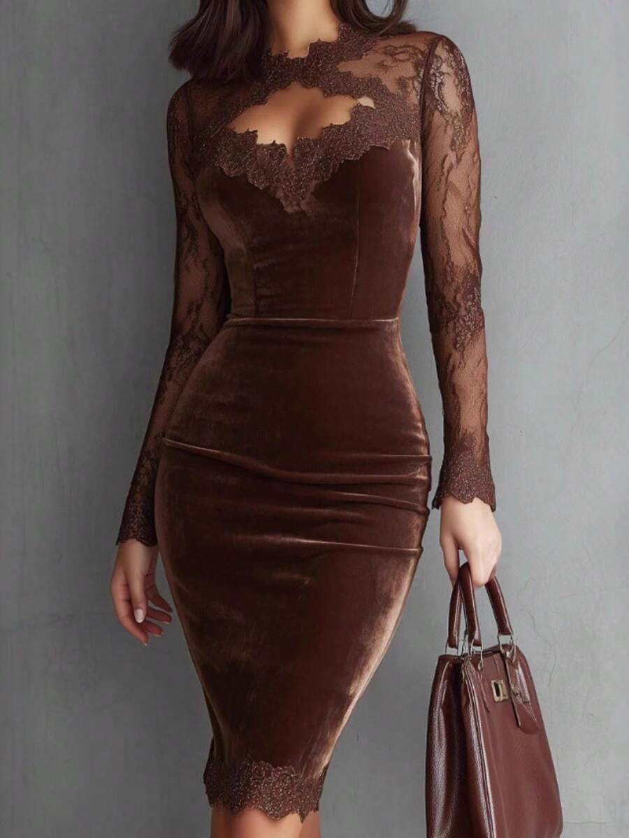 Womens Long Sleeve Sheer Lace Cutout Neck Velvet Bodycon Mini Dress - 咖啡 - 查看 1