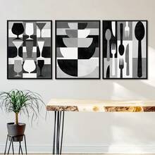 3 PIEZAS Póster de lienzo abstracto en blanco y negro. Póster abstracto de cuchillo, tenedor, taza y tazón. ¡Decoración del hogar y arte de pared! Arte de lienzo para pared. Decoración de pared para dormitorios, salas de estar, baños, comedores y pasillos de oficinas. Decoración de habitación estética, decoración de habitación, decoración de habitación, marco opcional.