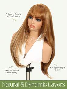 1. 黑色刘海假发，长直层次假发，夹式，渐变棕色长直层次假发带刘海，混合棕色，夹式，无胶合成假发，28英寸长直合成假发，适合女性日常佩戴 - 挑染金色 - 查看 5