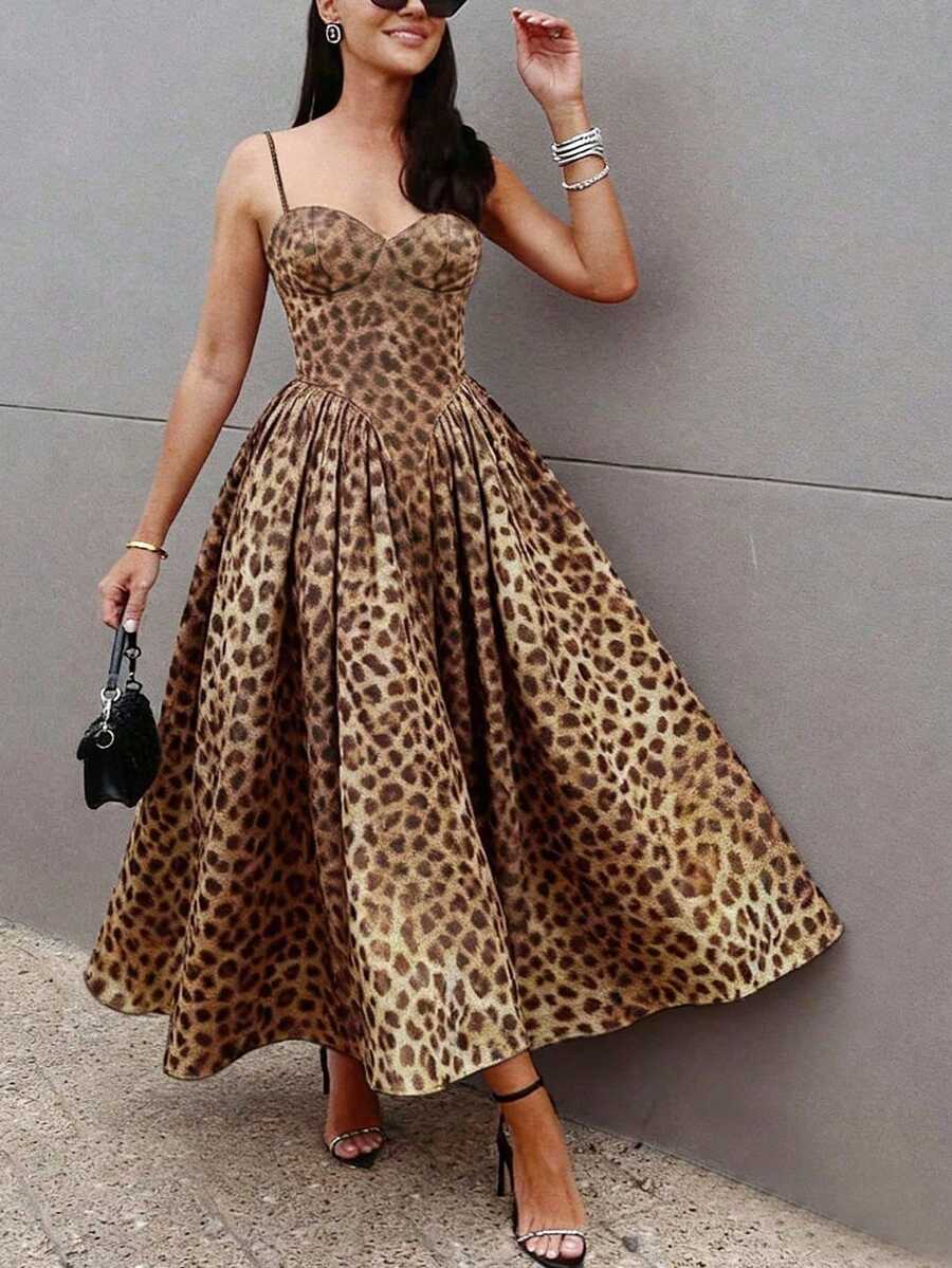 Women's Elegant Party Fashion Leopard Print A-Line Dress - Coffee - View 1