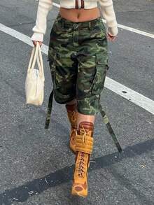 Camouflage Side Tie Cargo Mid-Shorts Women's Mid-Rise Streetwear Canvas Shorts - xanh quân đội - Xem 3