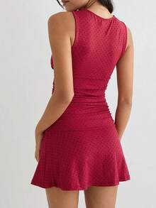 Women Dot Print Tank Dress Slim Fit Plunge Sleeveless A-Line Mini Dresses For Daily Office Party Club - Đỏ - Xem 2