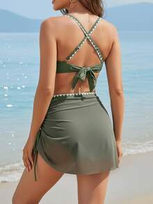 Mesh High Waisted Bikini Sets For Women Tummy Control Swimsuits Two Piece Bathing Suits With Skirt - Army Green - View 5