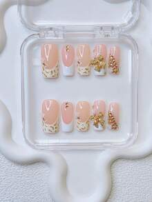 Bộ 10 móng giả hình ống Y2K - Làm thủ công, móng màu hồng, móng màu vàng, móng kiểu Pháp màu trắng, họa tiết da báo vàng vẽ tay, điểm nhấn hoa nhỏ màu trắng. - Nhiều màu - Xem 1