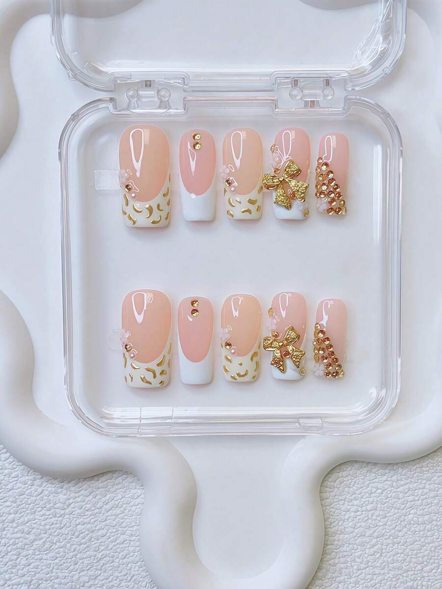 Bộ 10 móng giả hình ống Y2K - Làm thủ công, móng màu hồng, móng màu vàng, móng kiểu Pháp màu trắng, họa tiết da báo vàng vẽ tay, điểm nhấn hoa nhỏ màu trắng. - Nhiều màu - Xem 1
