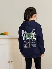 1件少女休闲印花套头卫衣，保暖内衬，长袖，秋冬季学生服装 - 藏蓝色 - 查看 2