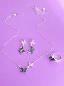 1 Set Elegante, Suave y Soñador Conjunto de Joyería con Colgante, Anillo y Aretes con Cristales en Forma de Mariposa para Mujeres - Multicolor1 - Ver 4