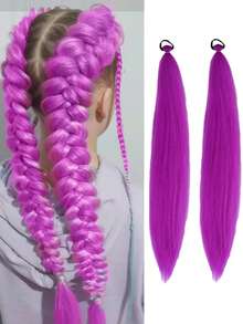 2pcs 26-Inch Halloween/Christmas Purple, Green, Blue, Pink, Red, Gold Colorful DIY Braiding Clip-In Hair Extensions, Synthetic Long Straight Hair, Heat Resistant Fluffy Ponytail Hair Pieces, Suitable For Women And Girls - Multicolor - View 2