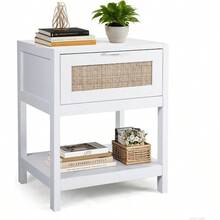 FUNBERRY Small White Bedside Table Modern Rattan Side Table With Metal Handle Nightstand With Drawers For Bedroom And Living Room - White - View 1