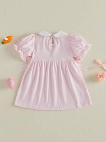 Toddler Little Baby Girl Easter Outfit Bunny Embroidery Dress Short Sleeve Smocked Easter Dresses For Girls - 粉色 - 查看 7