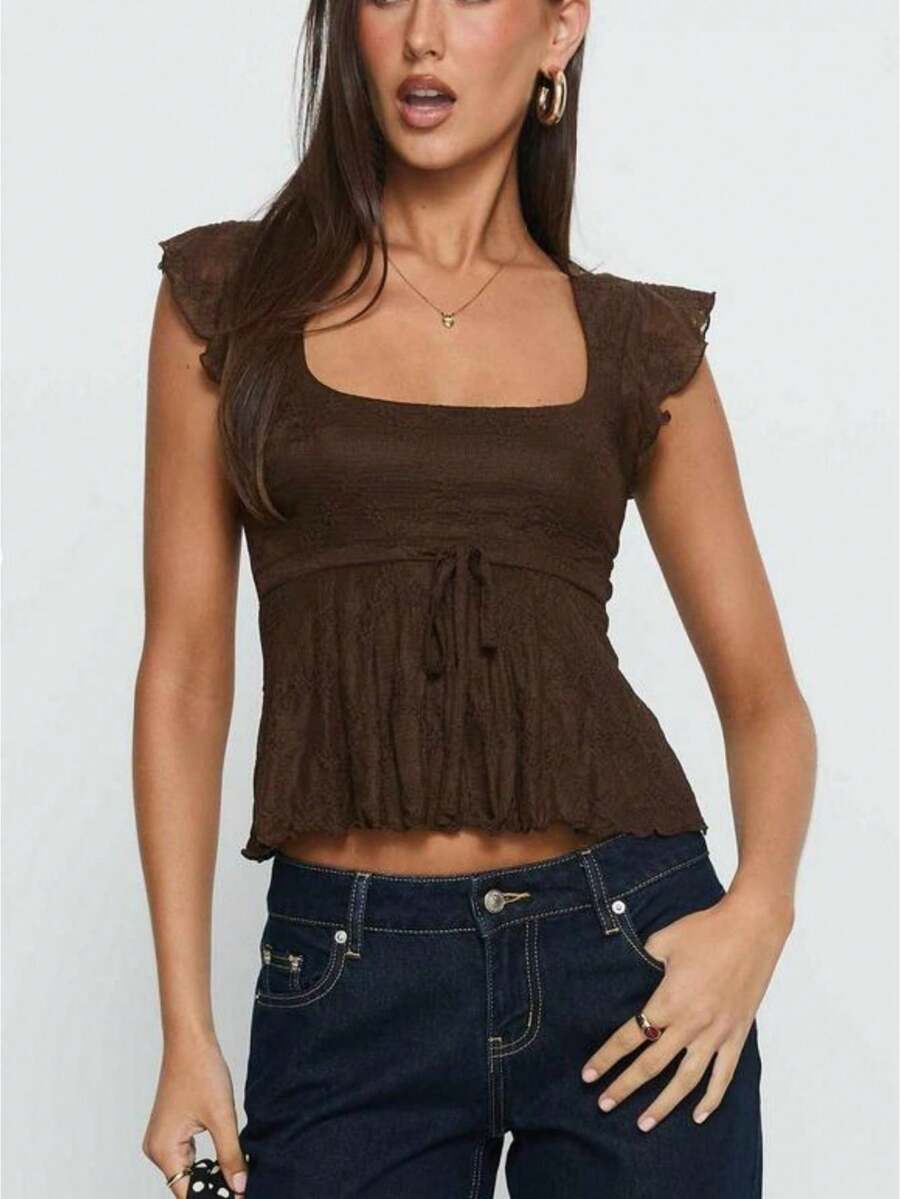 Women's Summer Slim Cropped Tops Flying Sleeve Square-Neck Tie Bow Front Jacquard T-Shirt - 巧克力色 - 查看 1