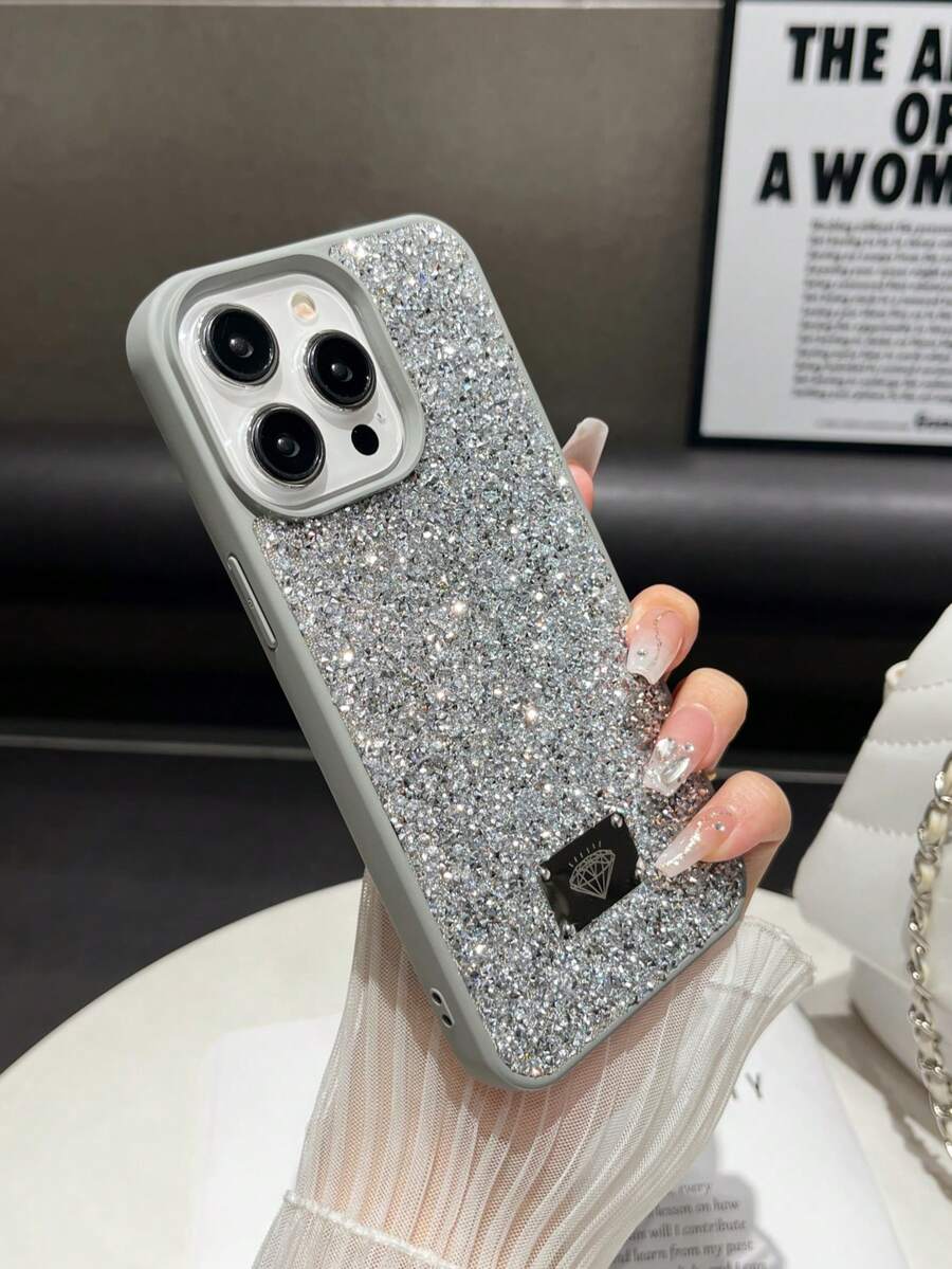 Sequins,Diamond 1pc Silver Skin Rhinestone Shockproof 2-In-1 Phone Case Suitable For 15promax/17promax/17ari/S25ultra