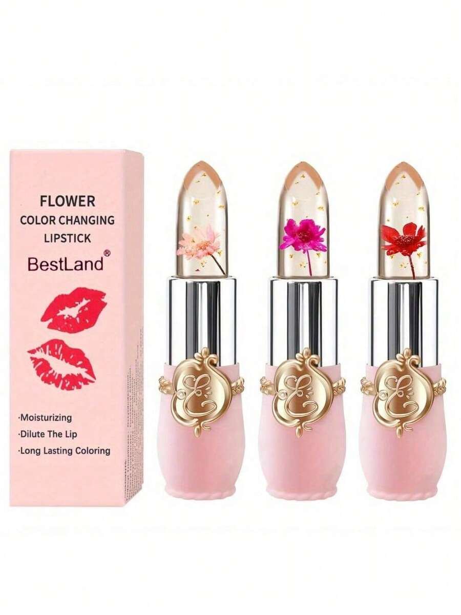 3 Pack Crystal Flower Jelly Lipstick,Magic Color Changing Lipstick,PH Clear Temperature Color Changing Lip Gloss,Lip Balm,Long Lasting Nourishing Moisturizing Lip Stick Set 2 - Multicolor 2 - View 1