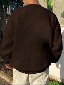 Men's Casual Versatile Daily Commute Minimalist Printed Crew Neck Short Sleeve Sweatshirt, Spring/Autumn - Brown - View 2