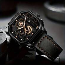 男士礼品手表套装（4件套） - 经典时尚方形日历表盘时尚休闲商务石英腕表 + 手链 + 项链 + 戒指（不含表盒）