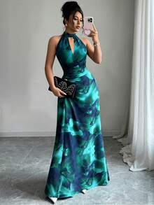 HOMEYEE 女士优雅性感镂空荷叶边印花鸡尾酒会长裙，适合度假婚礼春季穿着 - 寶藍色 - 查看 10