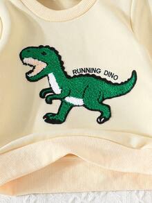 2pcs Baby Boys Casual Dinosaur Embroidery Sweatshirt & Solid Color Sweatpants Set, Autumn - Beige - View 7