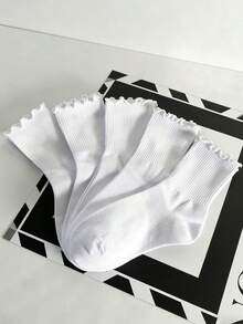 5/10 pares de calcetines medianos gruesos para mujer, con borde de volantes de unicolor blanco y negro, versátiles y cómodos, para uso casual en otoño/invierno