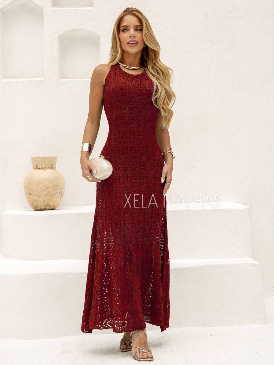 Women's New Year's Eve Dress Knitted Lace Lined Flare Summer Elegant Knit - 焦紅 - 查看 1