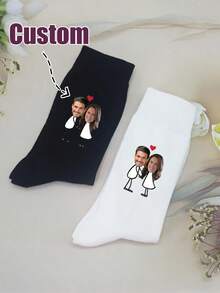 Customized Face Socks, Couple Photo Socks, Funny Couple Gift, Personalized Funny Face Socks, Photo Printed Socks, Couple Socks, Personalized Socks, Gift For Boyfriend, Valentine's Day Socks, Personalized Gift For Boyfriend, Girlfriend Or Couples, Knitted Fabric, Hand Wash Only, Creative Socks, Knitted Texture, Cute Socks, Cute, Adorable, Minimalist, Funny - Multicolor - View 3
