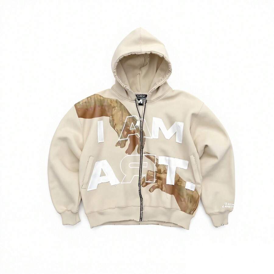 Grunge Punk Y2k Graphic Zip Up Hoodies For Men Long Sleeve Casual Sweatshirt Jacket - 米色 - 查看 1