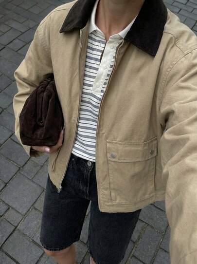 Buzzelle Omen's Fashionable Corduroy Collar Cotton Padded Jacket, Women's Casual Daily Coat, Color Blocked Loose Long Sleeved Lapel Pocket Padded Jacket Winter