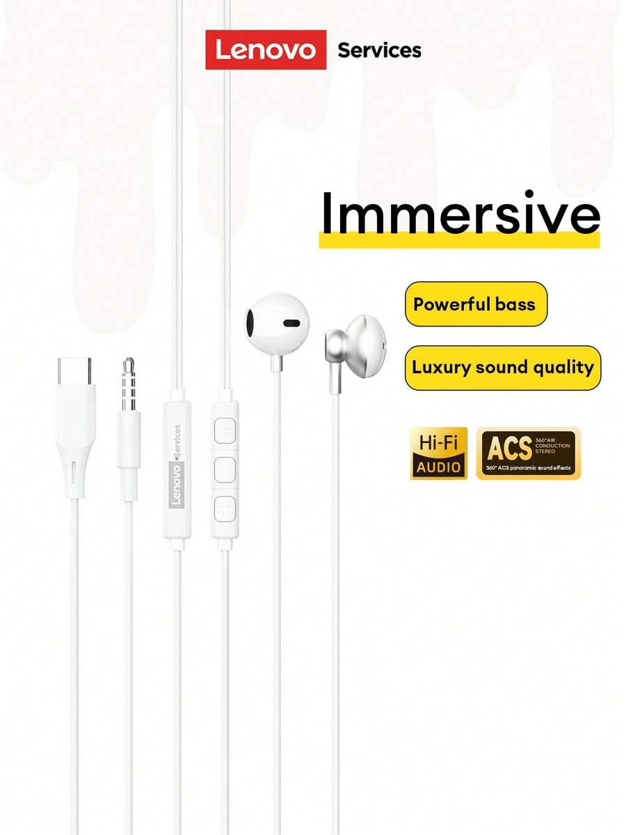 Auriculares con cable Lenovo Y103 de diadema, controlador dinámico grande, audio HIFI de alta calidad, micrófono de alta definición, cancelación de ruido, música y juegos, baja latencia, ajuste cómodo, conectividad de 3.5 mm y Tipo-C, adecuado para portátiles, Apple - Blanco - Ver 1