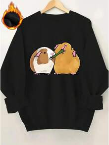 Women's Guinea Pig Print Thickened Sweater Sweatshirt - Cozy Round Neck Pullover With Guinea Pig & Letter 'S' Design, All-Season Casual Sweaters For Guinea Pig Lovers, Machine Washable - màu đen - Xem 4