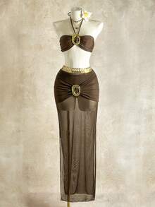 2026 New European & American Style Deep Brown Bandeau Metal Ring Crop Top + Mesh High Waist Maxi Skirt Sexy Vacation 2-Piece Set For Women - Brown - View 2