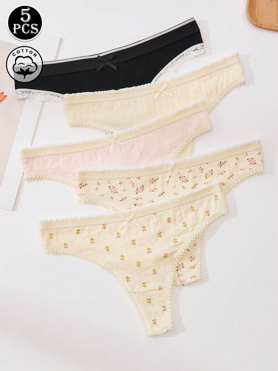 Bộ 5 quần lót nữ, quần lót cotton tối giản dễ thương, quần lọt khe họa tiết hoa. - Nhiều màu - Xem 1