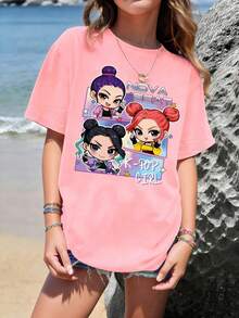 少女卡通人物图案印花短袖T恤 - 粉色 - 查看 1