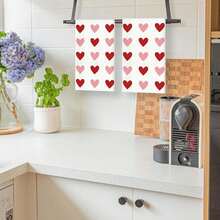 2pcs Valentine's Day Kitchen Towels Red And Pink Heart-Shaped Love Valentine's Day Napkins, Country-Style Wedding Anniversary Hand Towels, Kitchen Decor - White - View 5