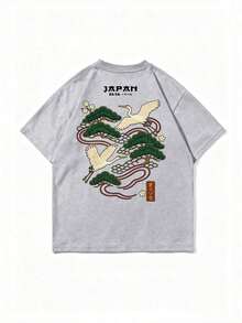 Men's Casual Versatile Simple Japanese Crane Print Short Sleeve T-Shirtgraphic Tee  Shirts - 灰色 - 查看 3