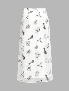Plus Size Women's Casual White Vacation Wavy Lace Trim Elastic Mesh Printed A-Line Skirt, Spring/Summer - Multicolor - View 4