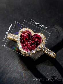 1pc Cubic Zirconia Embedded Charm Ring, Suitable For Women As Valentine's Day Gift, Wedding Anniversary Gift Or Party Accessory - Gold + Red - View 7