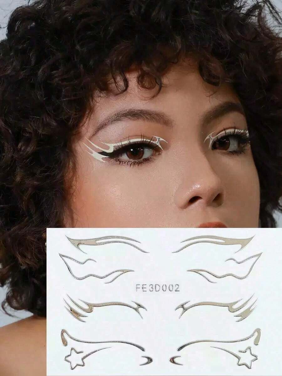 1pc 3D Silver Face Eyeliner Temporary Tattoo Sticker - Bạc - Xem 1