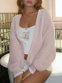 优雅女士休闲宽松针织开衫，纯色毛衣，时尚简约，适合圣诞节、感恩节、新年、秋冬季节穿着，百搭长袖上衣，粉色 - 粉色 - 查看 3